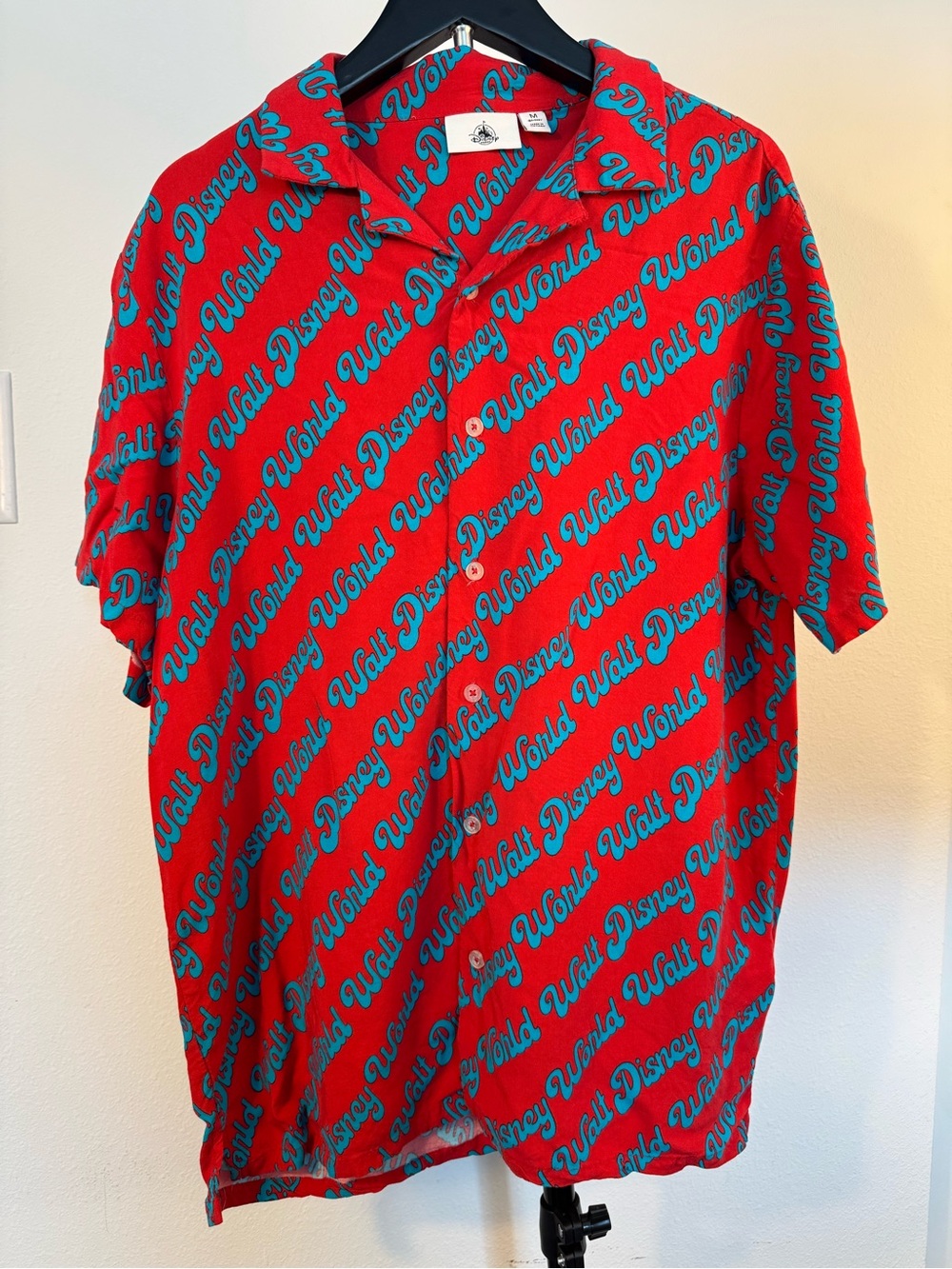 Disney Parks Walt Disney World All Over Print Camp Shirt Red Teal Men’s M